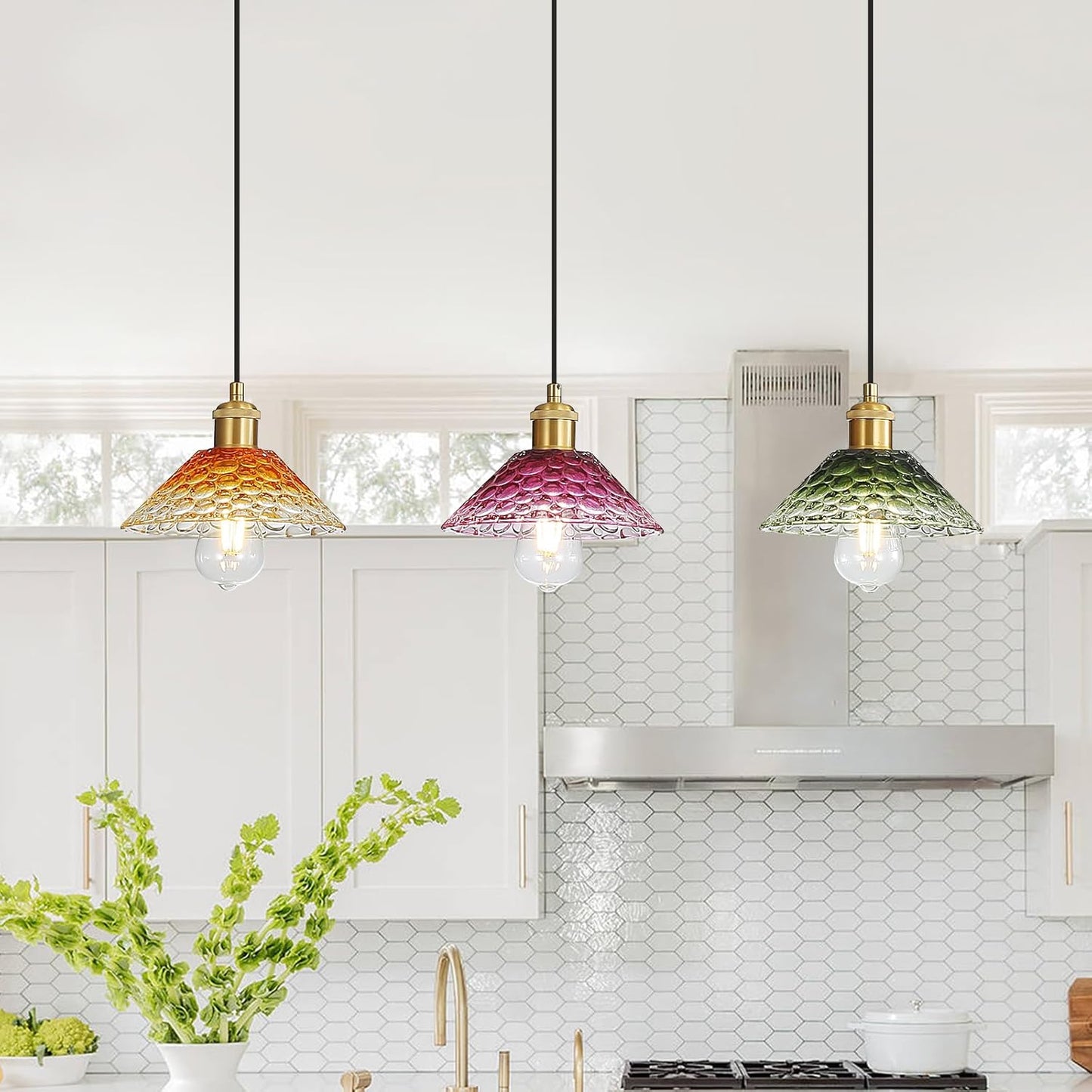 3-Light Pendant Lights Kitchen Island, Ceiling Hanging Lighting Fixtures, Colorful Vintage Glass Shade Pendants, Modern Gold Dining Room Chandeliers Height Adjustable for Farmhouse Living Room