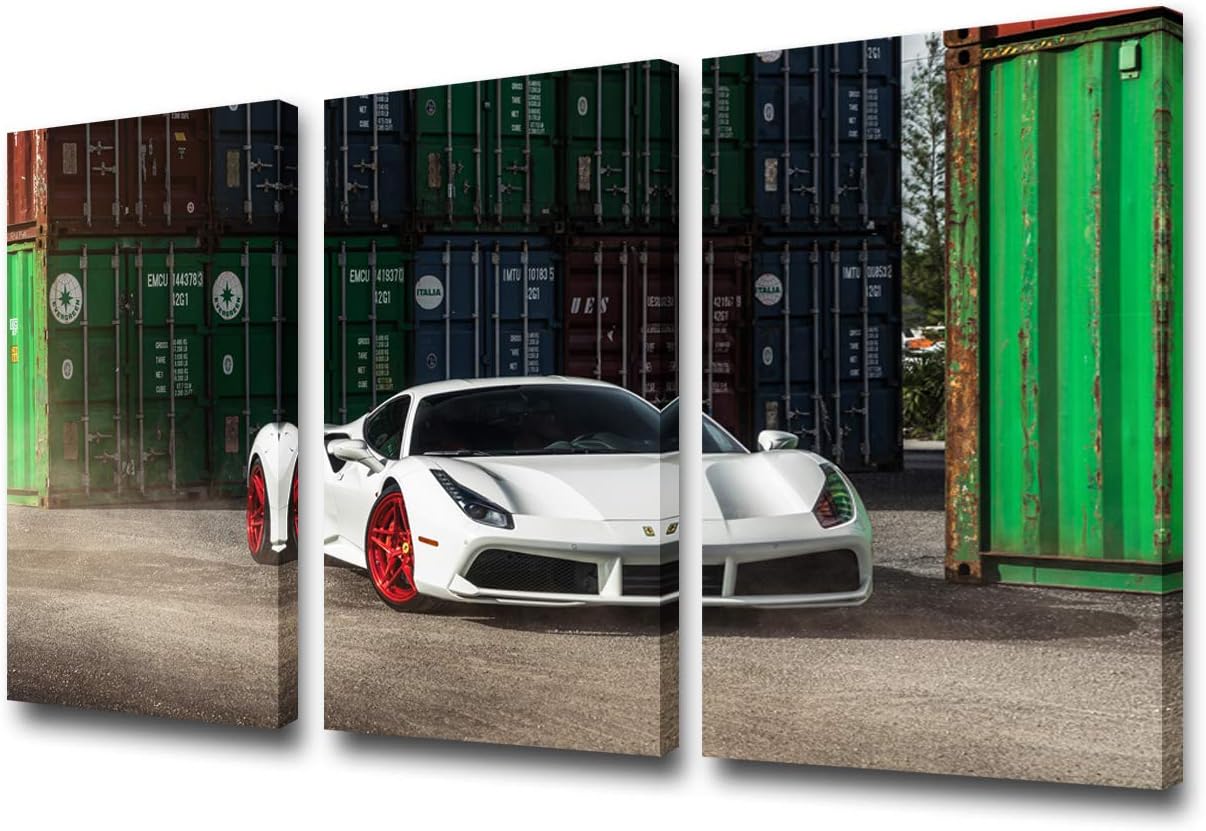 Canvas Print Wall Art Painting for Home Decor Red and White Sports Car 3 Pieces Panel Paintings Modern Giclee Stretched and Framed Artwork the Picture for Living Room Decoration - 12 x 24 inch x 3