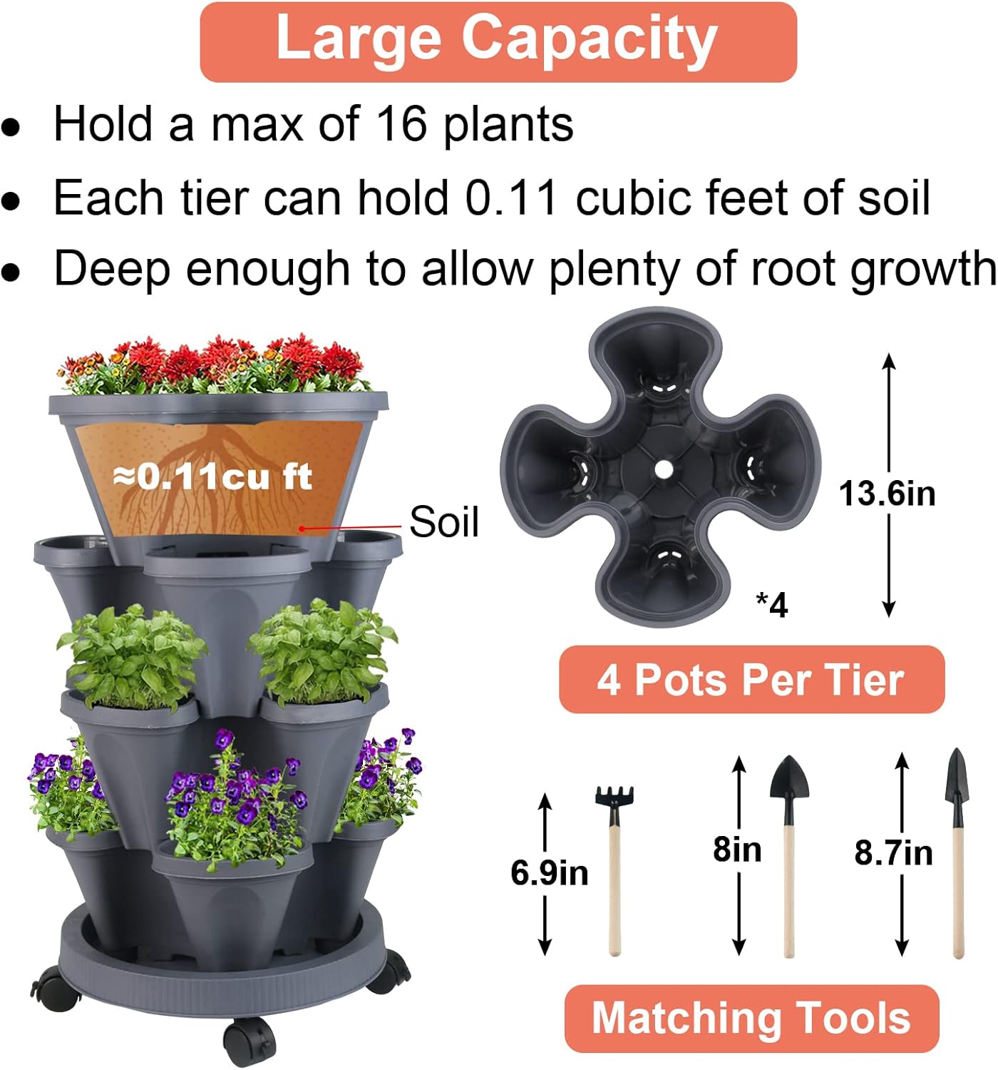 Vertical Planter 4 Tier Stackable Planters Garden Planters Strawberry Herb Flower and Vegetable Planter Indoor Outdoor Gardening Pots with Removable Wheels and Tools