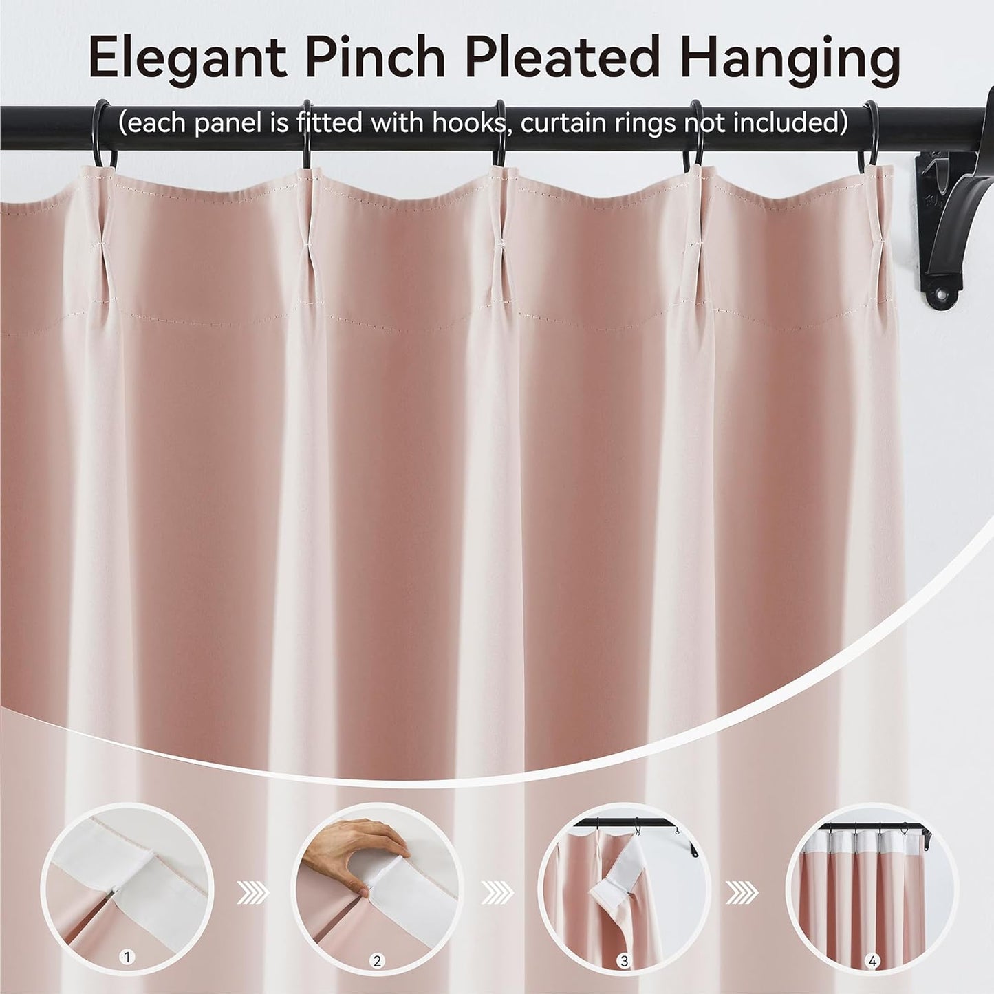KangBang Pink Pinch Pleated Curtains for Sliding Glass Door 102 Inches Long, Extra Wide Light Blocking Elegant Modern Window Treatments for Kids Playroom with Hooks 2 Panels, W60xL102, Baby Pink