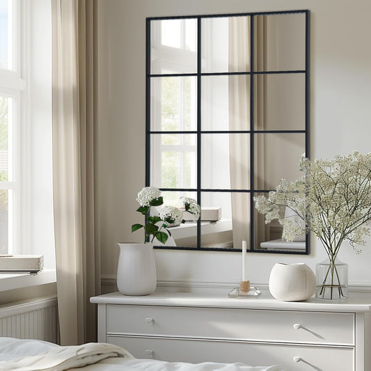 Windowpane Wall Mirror 24"x36" Black Wall Mounted Art Pane Mirror Farmhouse Decorative Mirror Leaning Hanging Wall Mirror for Bedroom Living Room Entrance Hallway Wall Decor