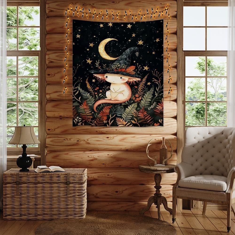 Whimsical Witch Tapestry Wall Hanging Decor Cute Axolotl Tapestry Magical Moon Animal Nursery Decoration Halloween Tapestries wall art for Home Kids Bedroom Living Room 60x80inch