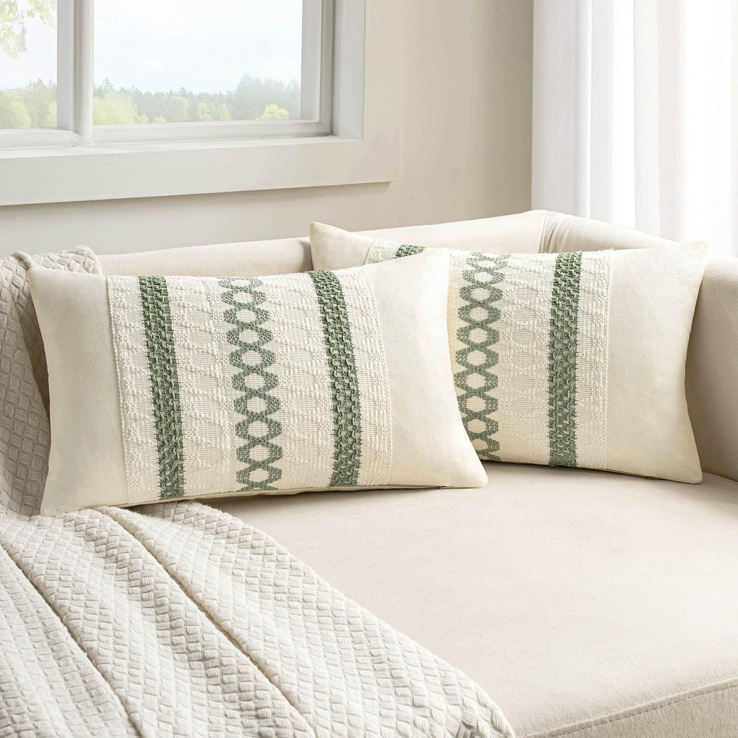 MIULEE Set of 2 Sage Green Boho Decorative Lumbar Pillow Covers 12x20 Inch Farmhouse Rustic Couch Throw Pillows Modern Summer Cushion Covers Retro Cute Macrame Woven Home Decor for Bed Sofa Chair