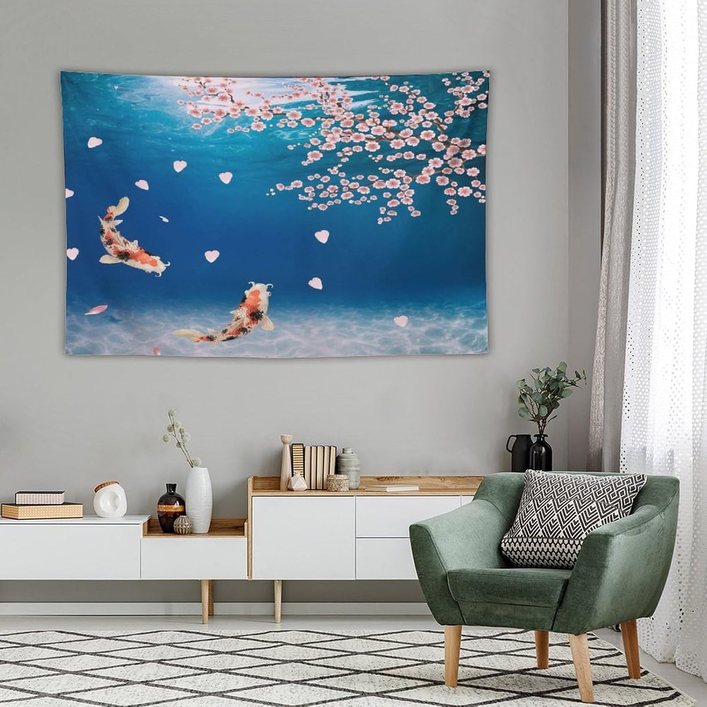 Japanese Koi Fish Tapestry, Cherry Blossoms Asian Oriental Blue Floral Branch Koi Fish Carp Tapestries Wall Hanging for Bedroom Living Room Office Decor 60"x40"