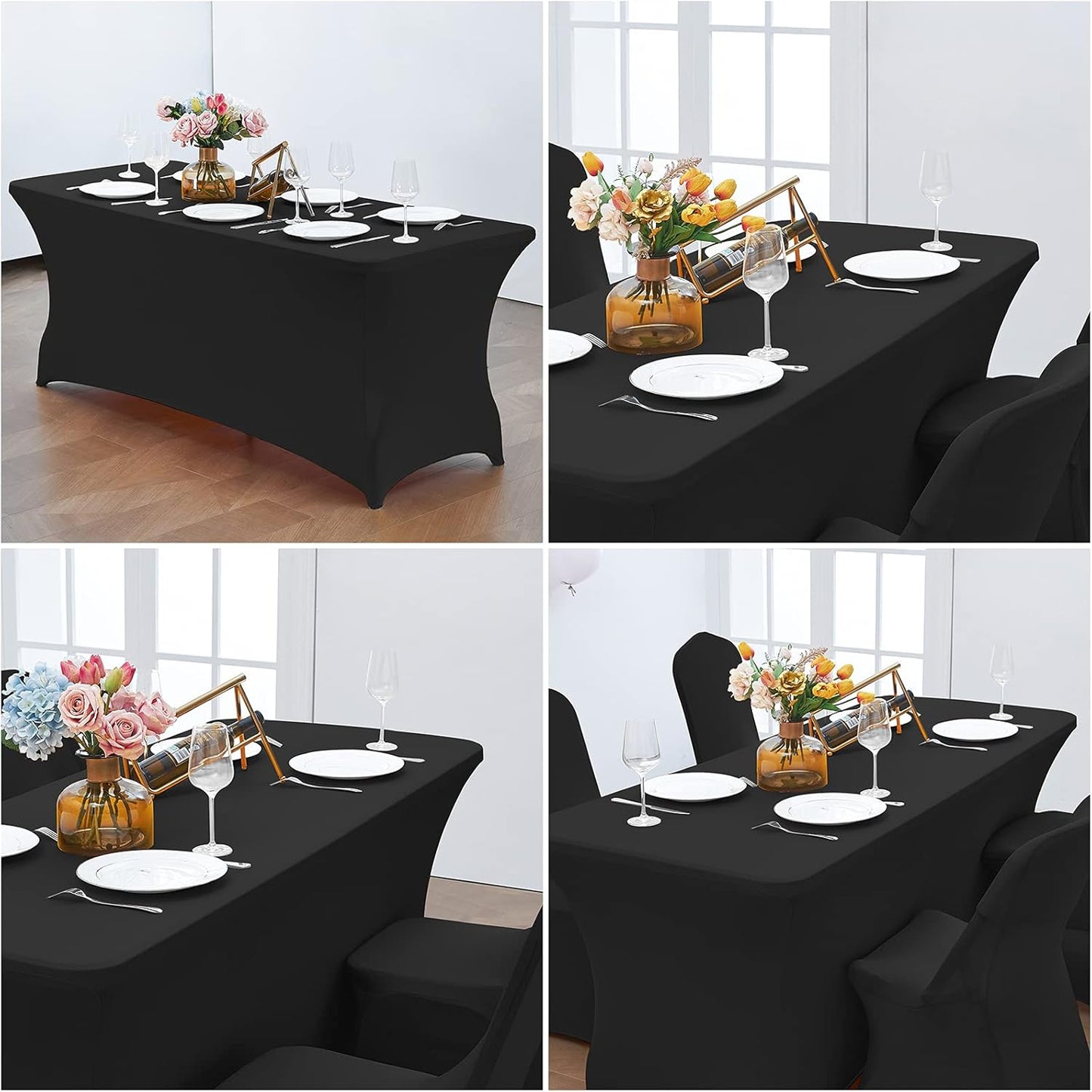 CWK 6FT 2Pcs Stretch Spandex Table Cover for Rectangular Tables - Elastic Fitted Tablecloth for Folding Tables, Wrinkle Resistant, Durable Table Protector for Parties,Weddings,Banquets &Events (Black)