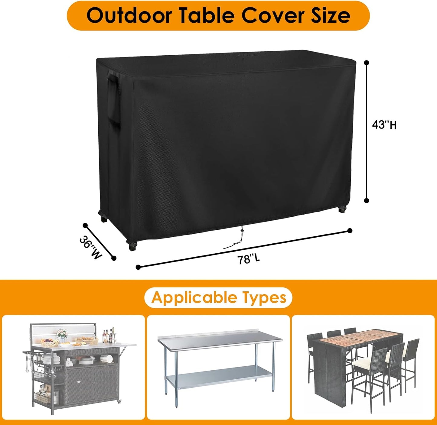 Kingling Outdoor Table Cover for Outdoor Bar Table, 78 Inch Waterproof Patio Bar Table Cover Outdoor Prep Table Covers - 78''L x 36''W x 43''H