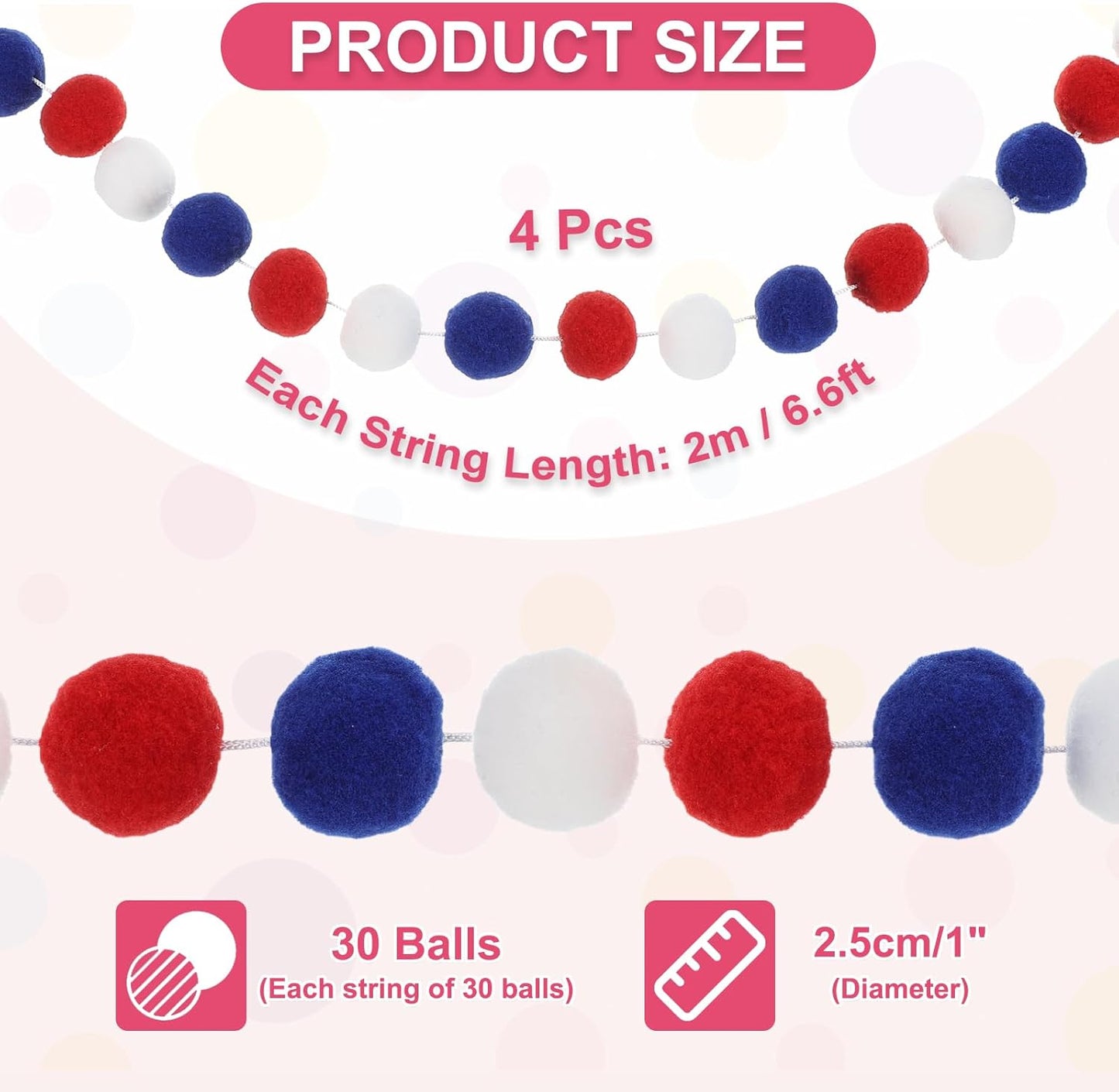 PATIKIL 26Ft Pom Pom Garland Decorations, 4Pcs Colorful Felt Ball Garland Banner Cute Rainbow Pompom Hanging Decorations for Tree Ornaments Homes Decor, Red/White/Blue