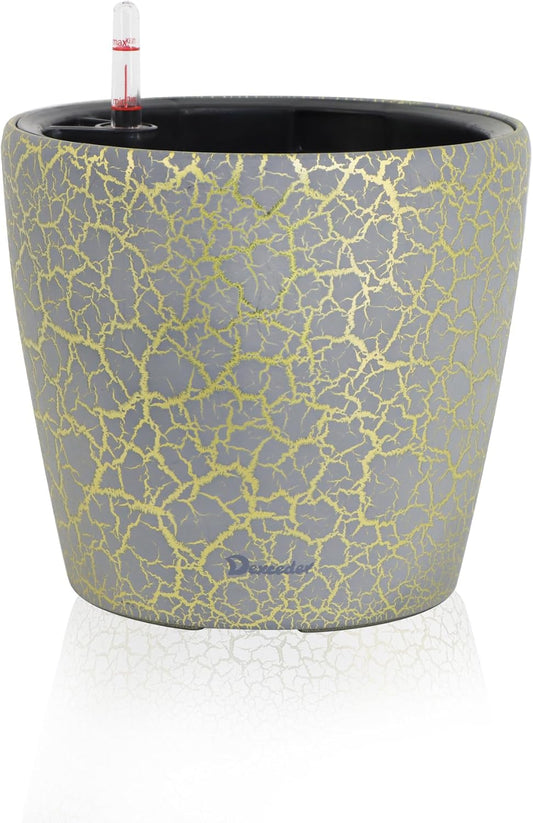 Dexceder 11x10 Inches Self Watering Planter Indoor Outdoor, Inner Pot Design, Thickened Table Flower Plant Pot with Water Level Indicator (Grey Gold Crackle)