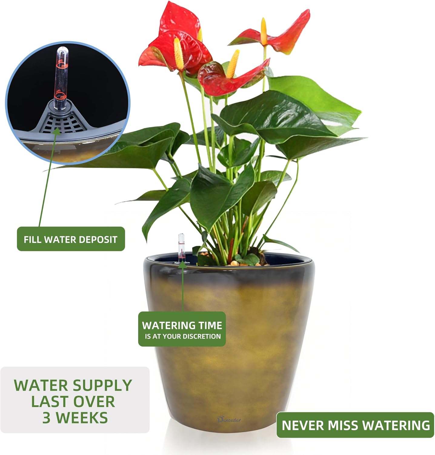 Dexceder 15x14 Self Watering Planter with Wheels Indoor Outdoor, Inner Pot Design, Thickened Large Floor Standing Flower Plant Pot with Water Level Indicator (Yellow Brown Gradient)