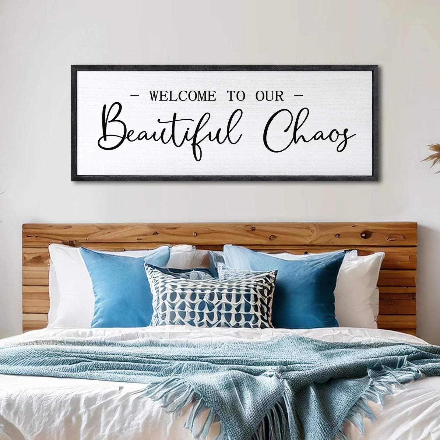Welcome To Our Beautiful Chaos Sign Wall Decor Framed Wood 32X12 Inch For Rustic Home Living Room Entryway Bedroom Hanging Art (Black)