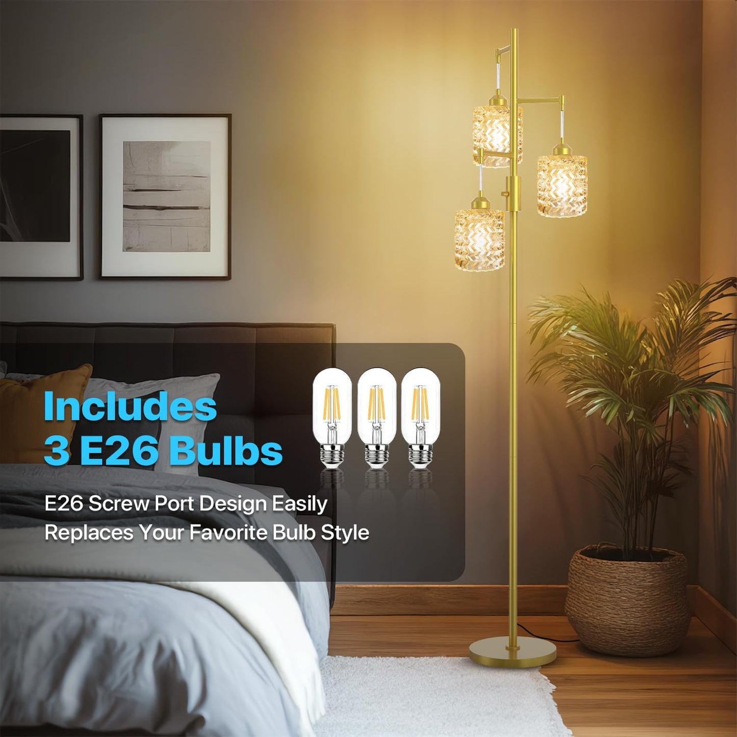 Gold Floor Lamp for Living Room Bedroom, 3-Light Vintage Standing Lamp Stained Glass, Mid Century Modern Tall Floor Lights, Amber Glass Shade with Golden Base