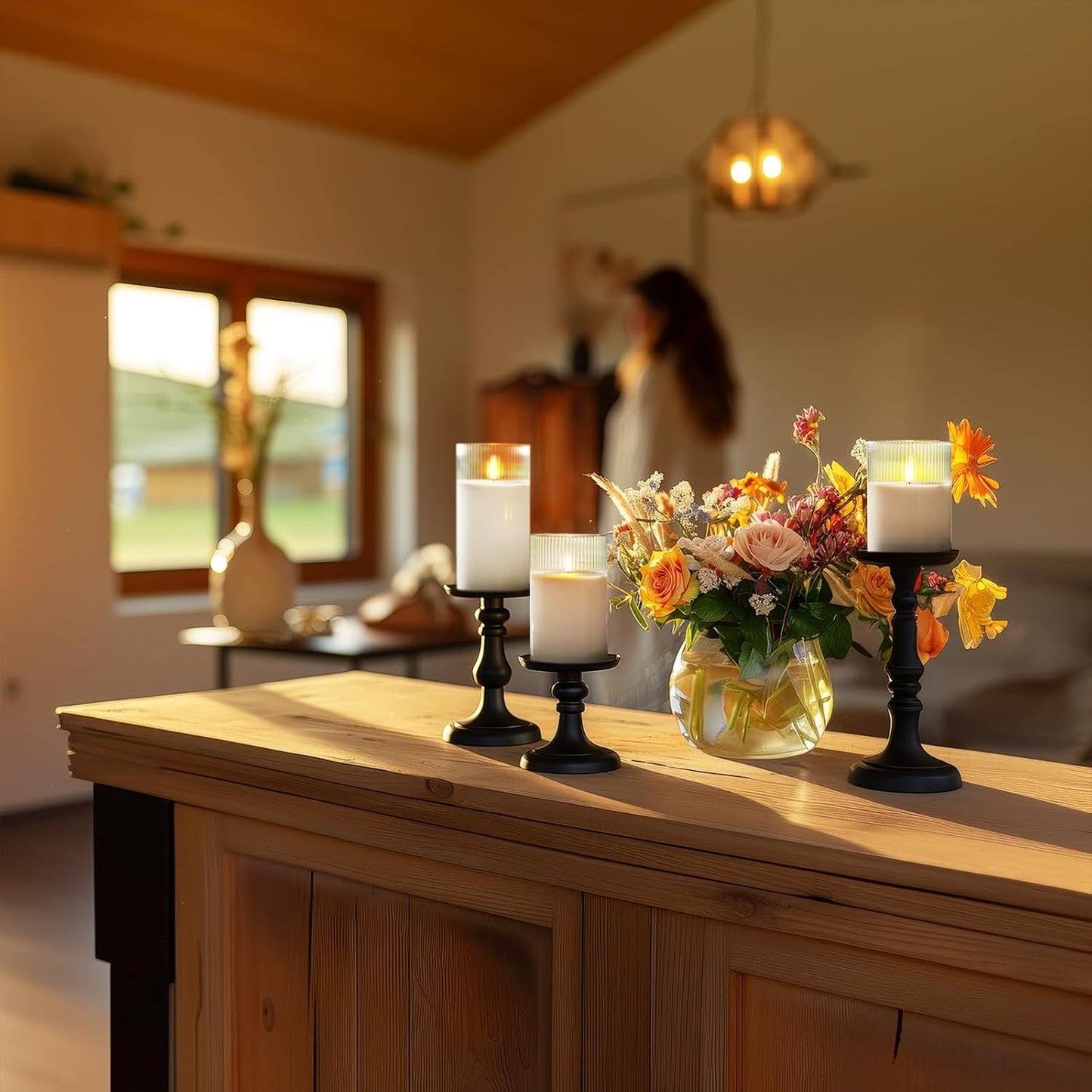 Amagic Glass Flameless Candles with Remote, Battery Operated Candles with Timer, Real Wax LED Pillar Candles with Flickering Flame for Home Wedding Fall Decor, White, Set of 3