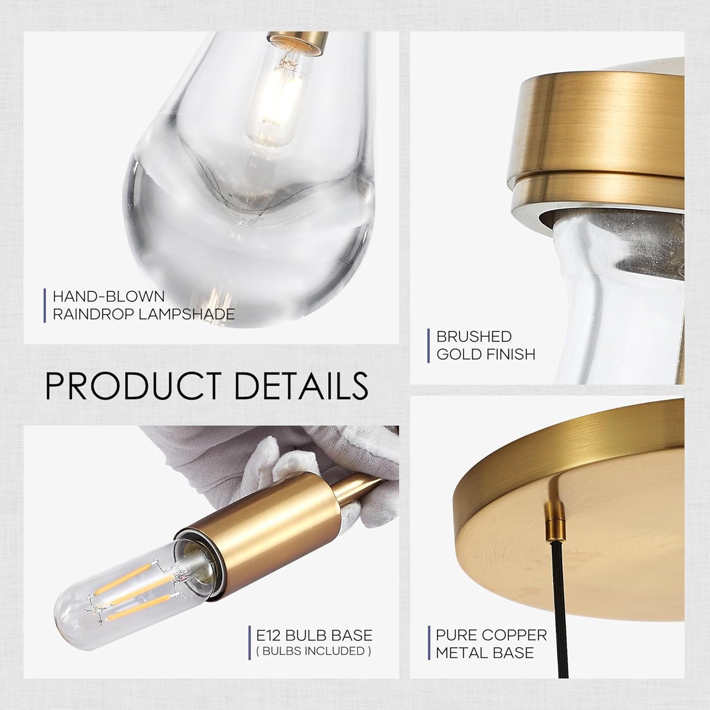 5-Light Raindrop Pendant Light Fixtures, Brass Glass Pendant Lighting, Teardrops Modern Hanging Light for Entryway Foyer Kitchen Island Dining Living Room Hallway