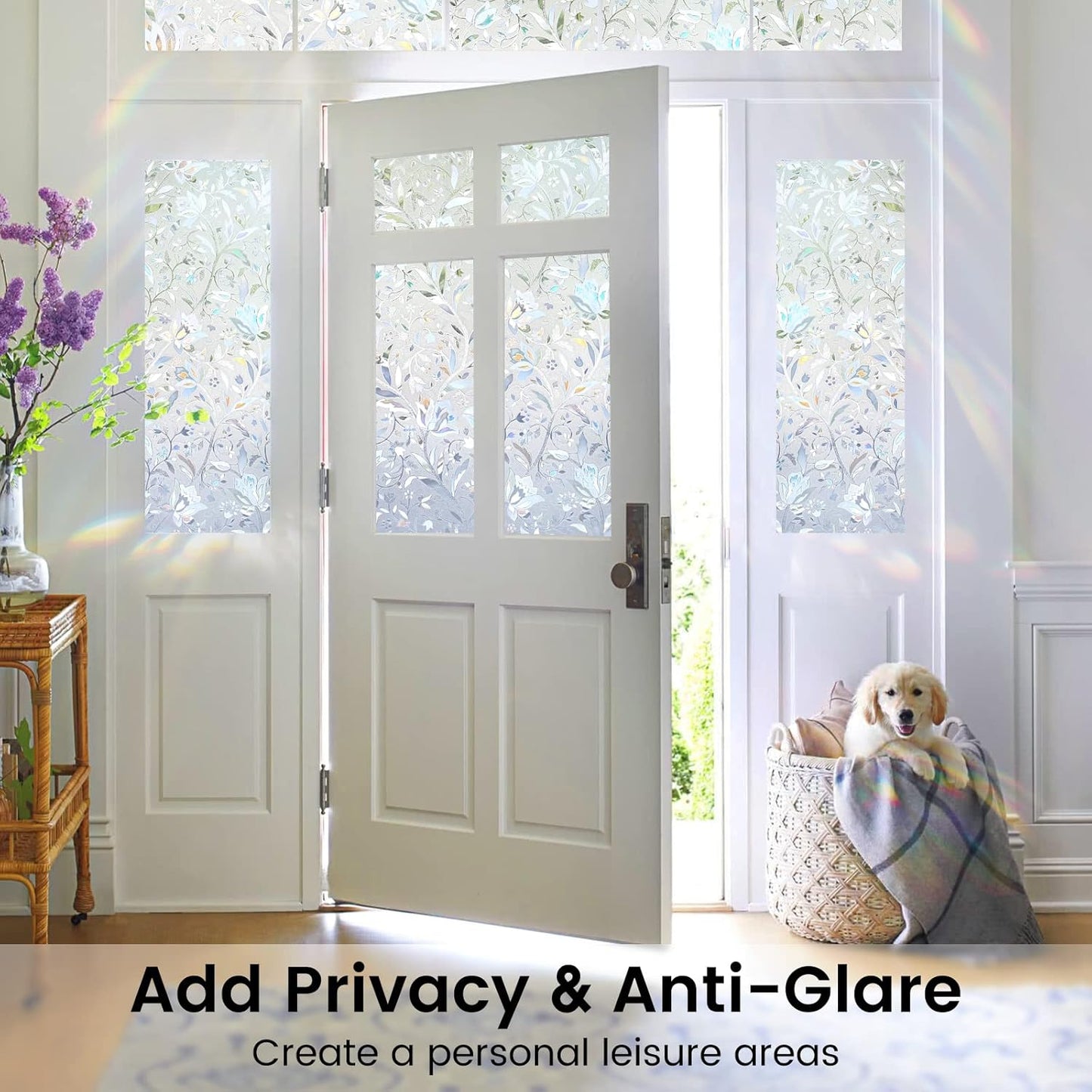 DOWELL Window Privacy Film, 3D Stained Glass Rainbow Films, Decorative Window Vinyl Sun Blocker Door Covering, Static Cling Non-Adhesive Glass Sticker for Home, Blooming Flowers, 17.5"x78.7"