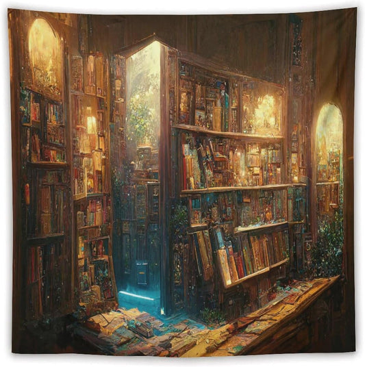 Kurtect Bookshelf Tapestry,Vintage Style Library Watercolor Art Theme Pattern Print Tapestries for Party Beach Picnic Blankets Tablecloths Living Room Wall Deocr, 60x60 in