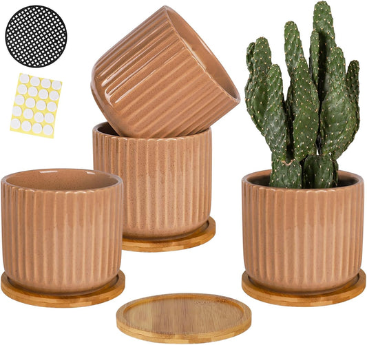 TAMAYKIM 5.25 Inch Ceramic Plant Pots with Drainage Holes and Saucers, Modern Flower Pots with Trays for Indoor Planters, Snake Plant, Succulent, Cactus and Herbs, Red, Set of 4