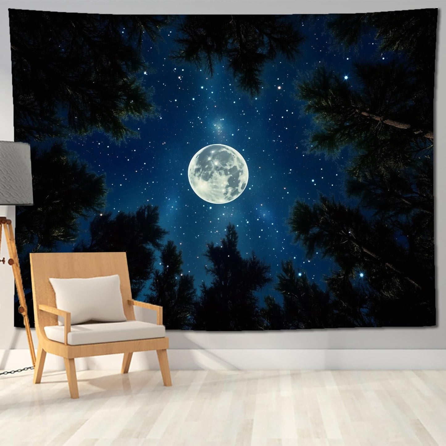 keowhsf Forest Galaxy Tapestry for Bedroom Ceiling - Starry Night Sky with Moon and Trees, Blue Aesthetic Wall Hanging, Milky Way Landscape Backdrop for Living Room and Dorm Decor