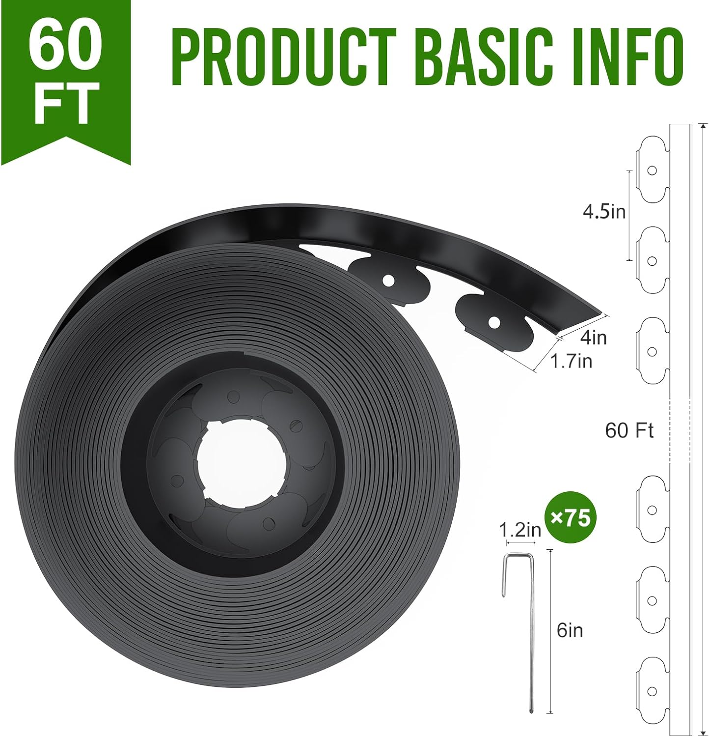 Landscape Edging 4 Inch Tall 60FT with 75Pcs Metal Spikes, Plastic Garden Edging Border Landscape Edging Border Lawn Edging for Landscaping, Flower Bed, Yard