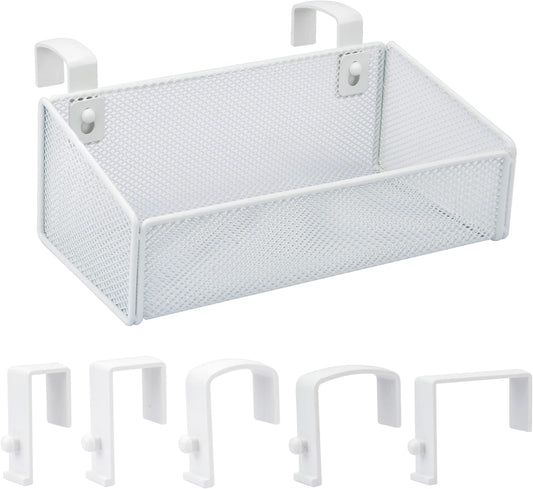 Bedside Caddy Hanging Storage Basket Beside Shelf Metal Organizer for Collage Dorm Bunk Bed,Hospital Bed,Baby Bed - Bedroom Essentials for Magazine,Remote Control,Phone,Drinks (White)