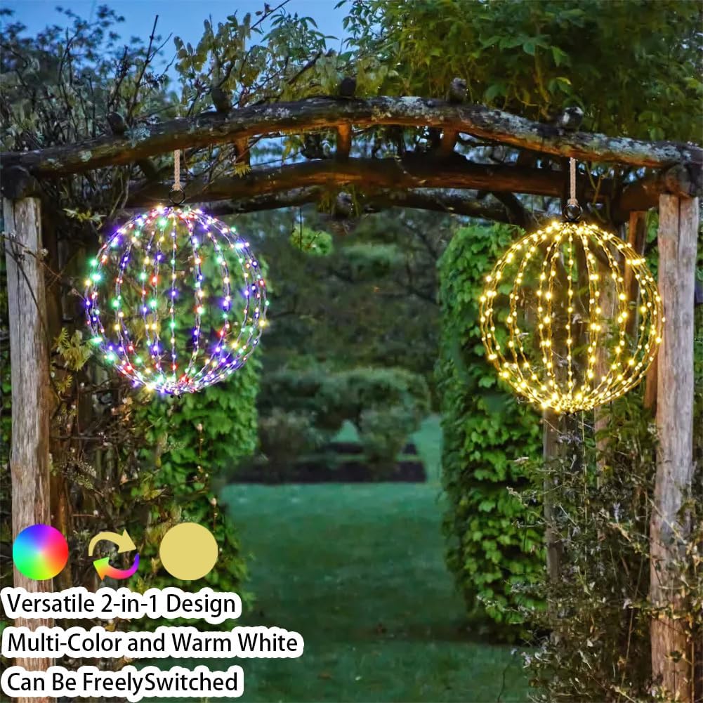 Outdoor Hanging Lighted Sphere, Christmas Decoration Light Balls, 2 in 1 Warm White and Multicolor Chandelier, 208 LED 16" Large Iron Frame Foldable Globe for Patio Tree Gazebo Decor-2Pack
