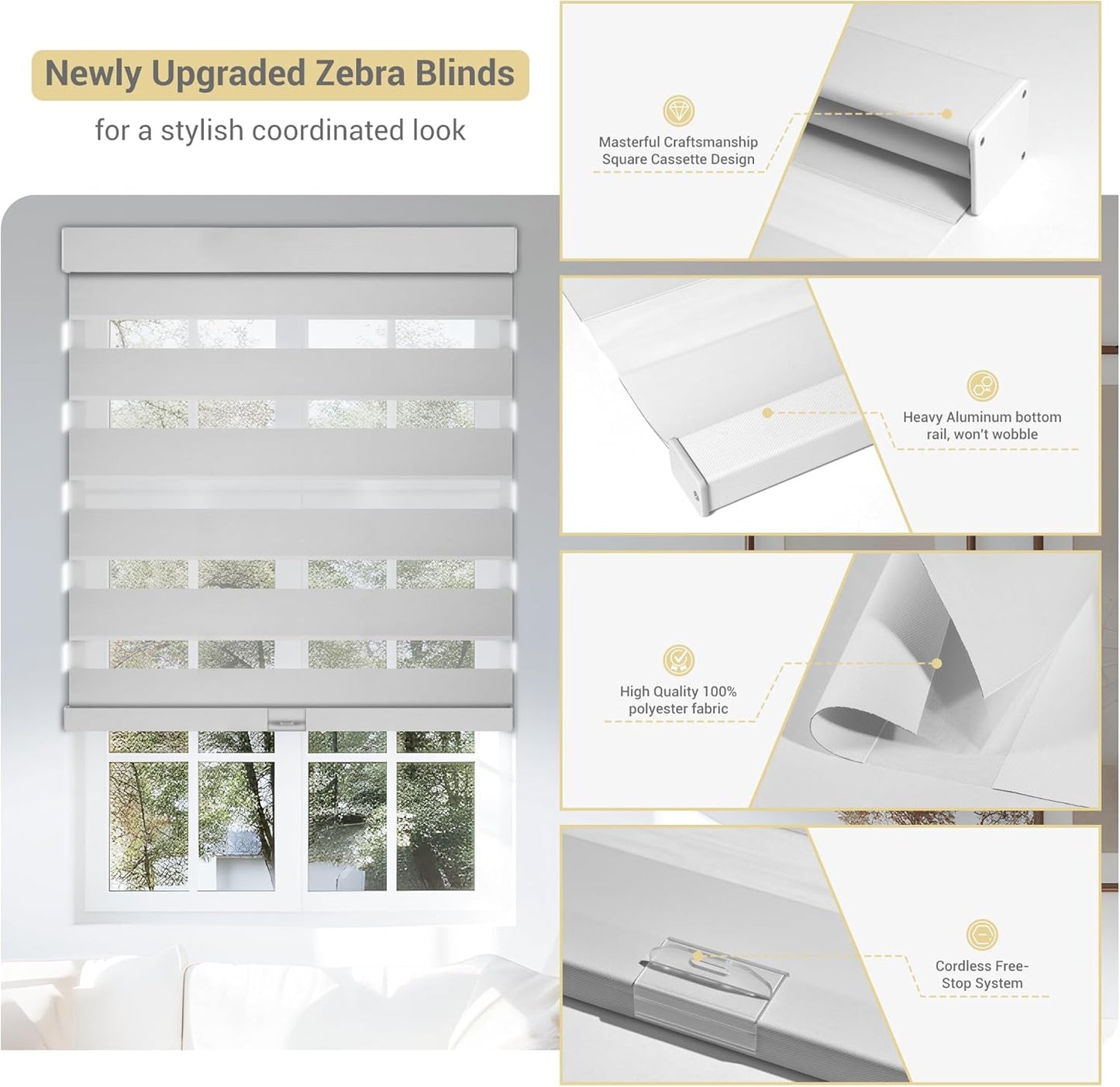 Cordless Zebra Blinds for Windows, Blackout Interior Blinds,Easy to Install,UV Protection,for Offices and Home,Custom Roller Shades, Solid White, 26" W x 88" H