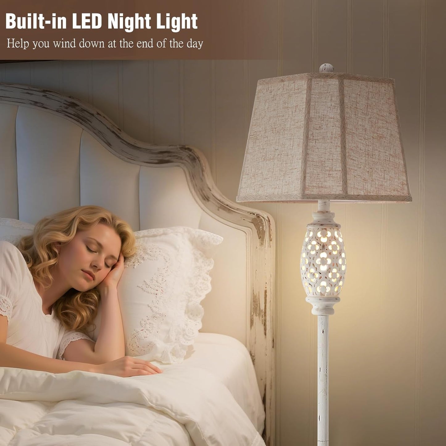 Luvkczc Rustic Floor Lamp with Floral Cutouts & Light, Vintage Farmhouse Style Standing Lamp Resin Floor Lamps for Living Room, Bedroom,Study (Bulb Included)