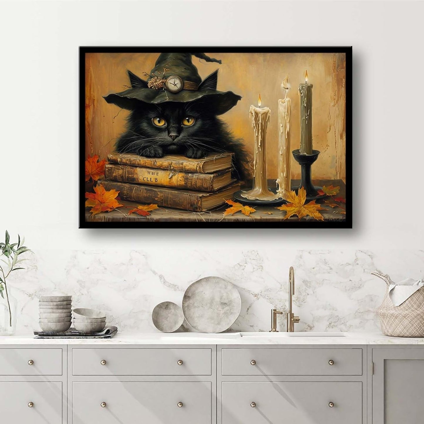 JFHCQJPK Vintage Halloween wall decoration black cat and magic book suitable for home bedroom living room decoration dark classic art witch wall decoration16x24in Metal blackFramed