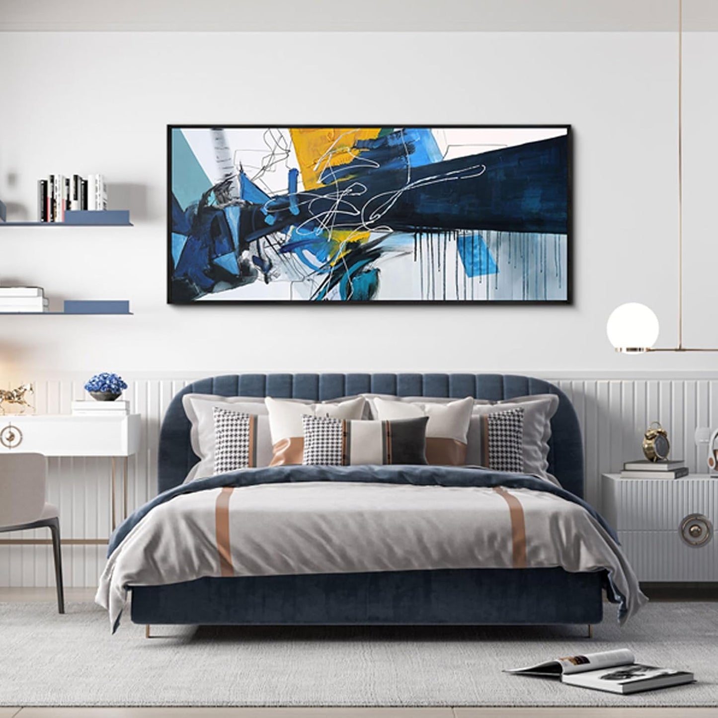 KLAKLA Extra Large Wall Art for Living Room - Blue and white Canvas Framed Wall Decor Living Room Abstract Picture Artwork for Office Bedroom Decorative Paintings