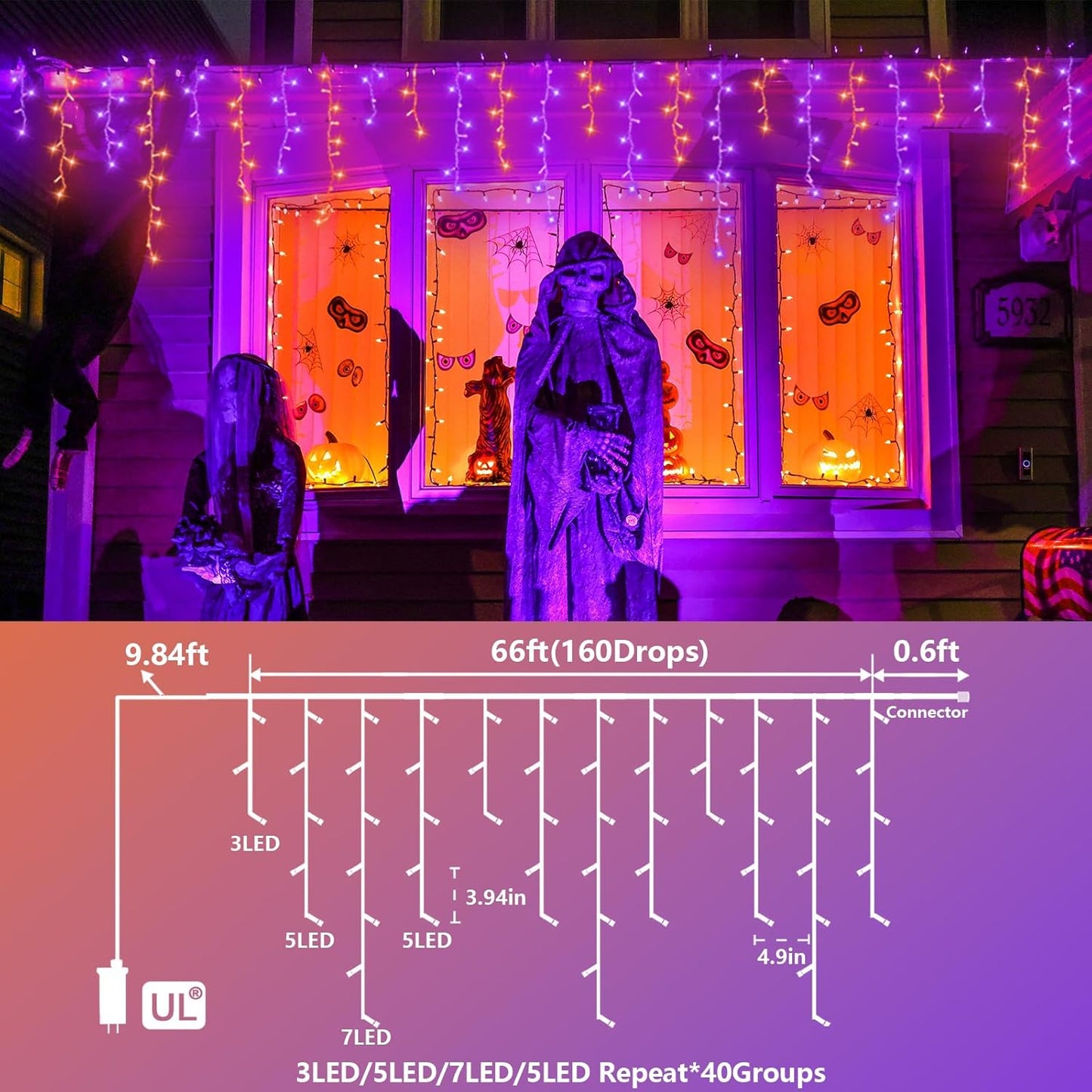 YEGUO 66ft 800 LED Orange and Purple Icicle Halloween Lights, 160 Drops Icicle Lights Connectable, 8 Modes Icicle Christmas Light with Memory Timer