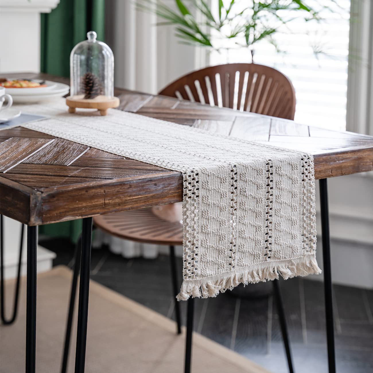 Alynsehom Boho Macrame Table Runner – Hand Woven Cotton, Cream Beige Tassels – Rustic Farmhouse Decor for Dining/Kitchen Table – Available in 6 Sizes!