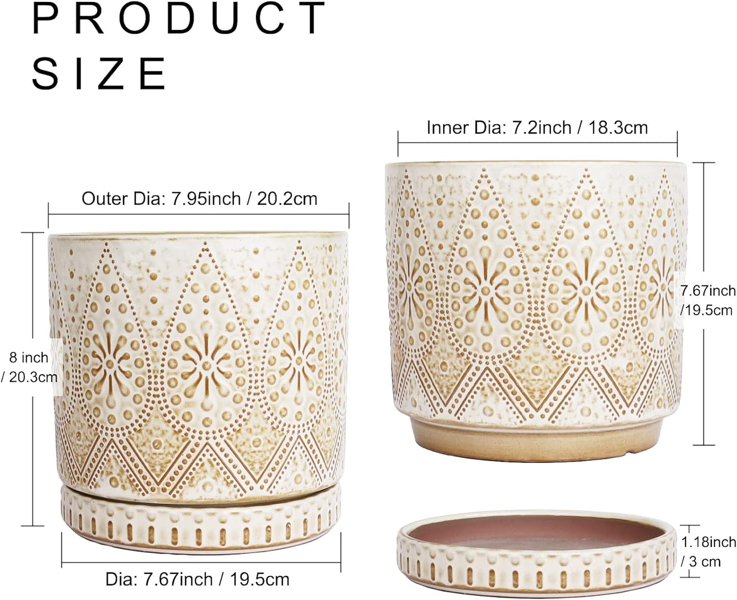 8 Inch Indoor Plant Pot with Drainage Holes and Saucers, Ceramic Planter for Plants, Succulent Orchid Flower Pots