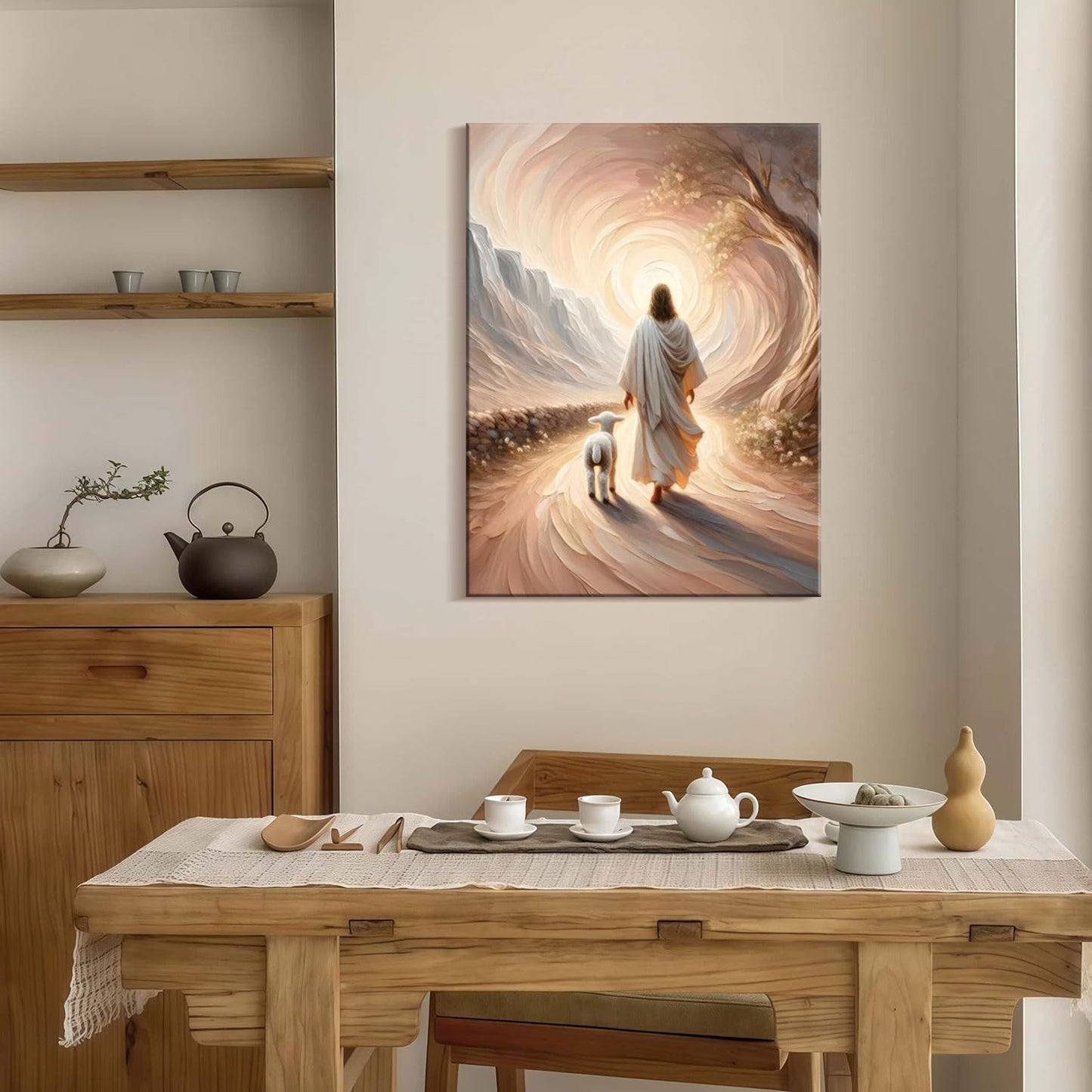 Framed Canvas Jesus and Lamb Wall Decor Wall Art Gallery Decoration Unique Print Wall Decor for Living Room Bedroom Church Home Decor 12x16 Inch Ready to Hang