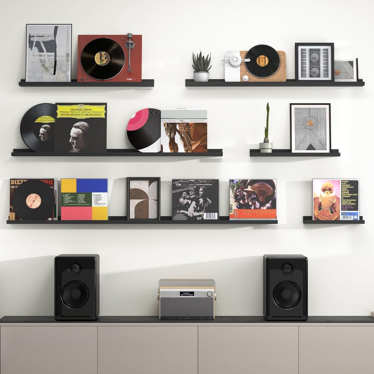 Heimlove Picture Ledge Shelf, Floating Shelves Set of 2, 48 Inches Picture Shelf for Wall with Ledge, Kids Bookshelf Wall Mounted for Living Room Bedroom Decor Books Photo Frames, Black