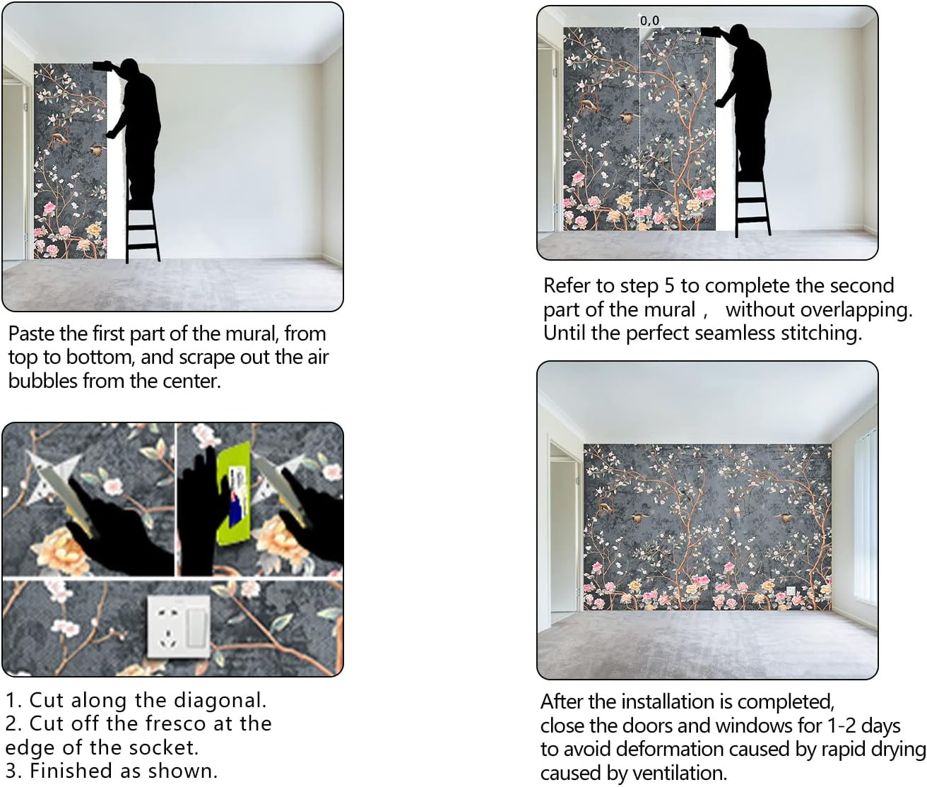 Grey Retro Floral wallpeper Living Room Bedroom Chinese Style Flower Bird Wall Mural - 91"x65"（Not Peel and Stick）