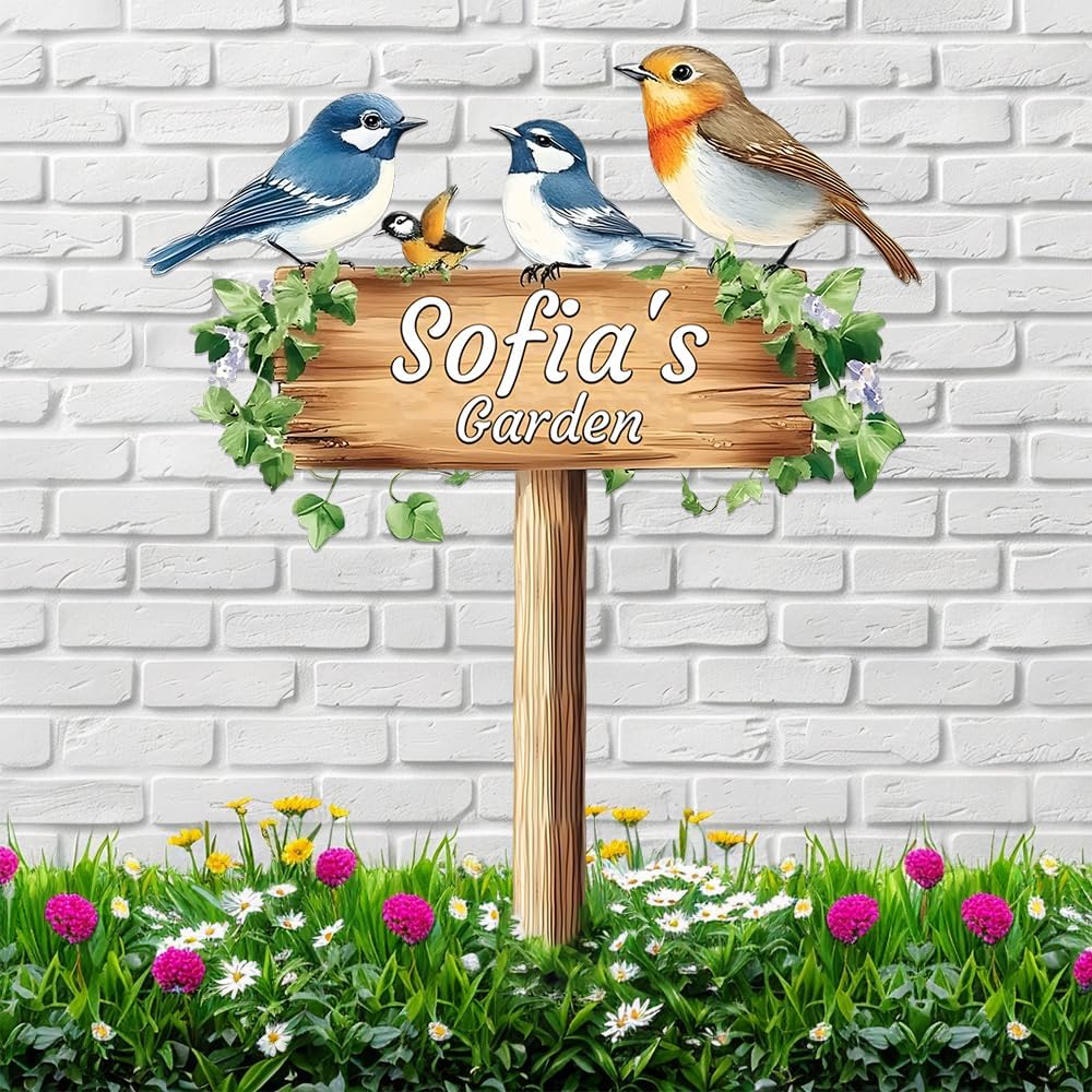 Personalized Colorful Bird Metal Sign with Stake,Custom Gardener Last Name Signs Outdoor Decorate,Customized Garden Accessories Decor for Mother,Birds on the Branch Plaques for Patio Lawn Porch Yard