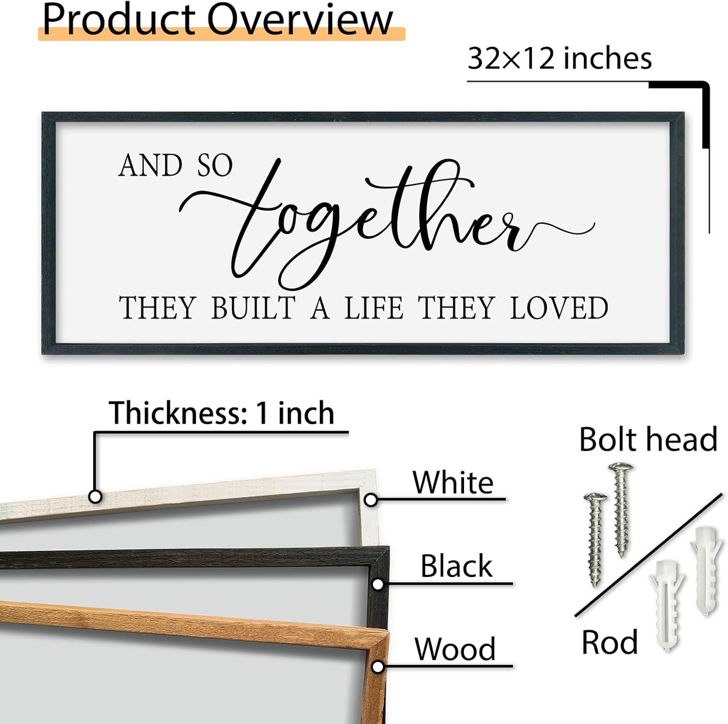 SRSZHIYUE And So Together They Built A Life They Loved Above Bed Sign Wall Decor Art 32"×12" for Master Bedroom Over Bed Large Wood Framed Wall Hanging (Black)