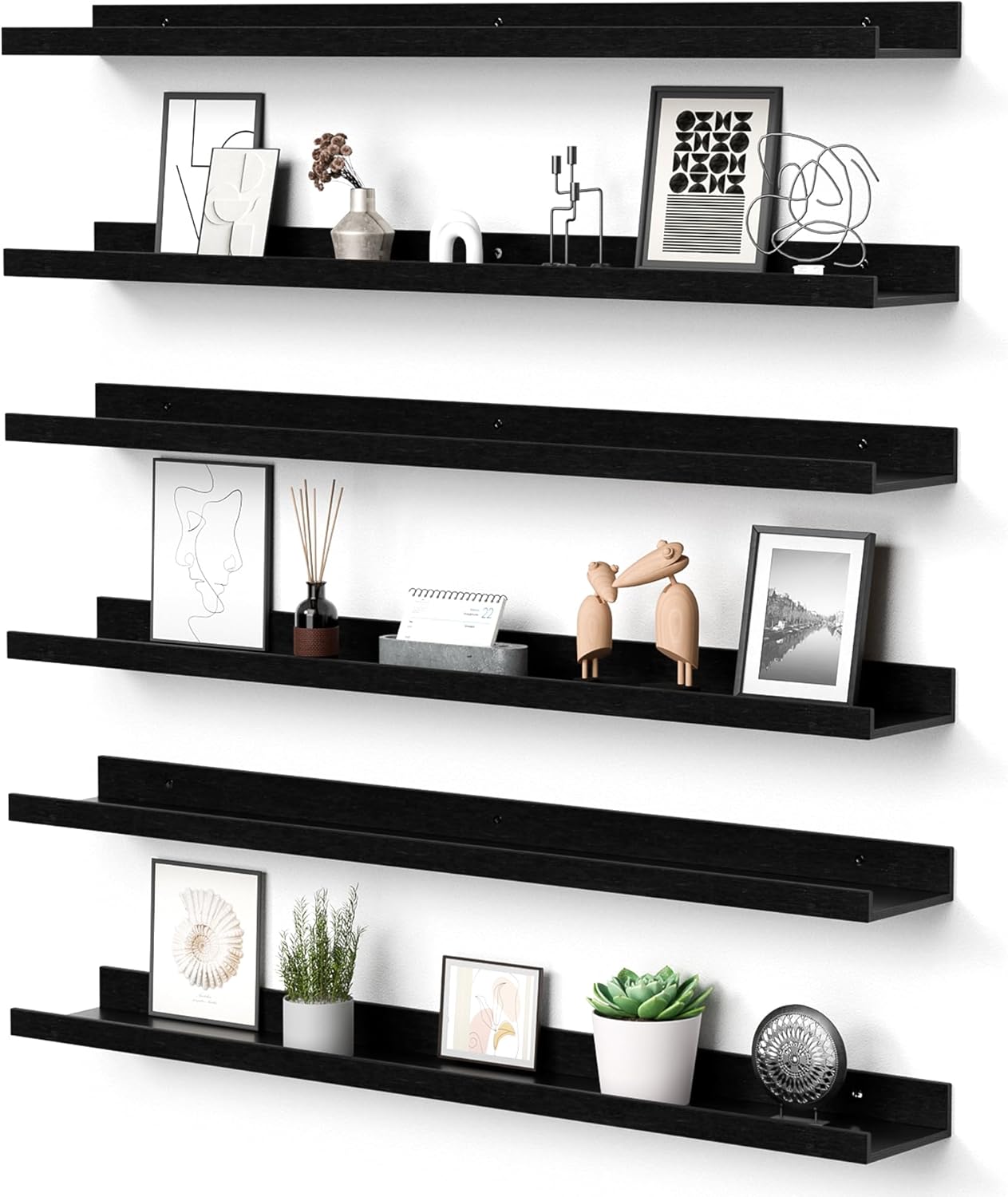 upsimples Floating Shelves for Wall, Wall Shelves for Decor Storage Set of 6, Wall Mounted Wood Shelf for Bedroom, Living Room, Bathroom, Kitchen, 35.5 inch Long Picture Ledge Shelf, Black