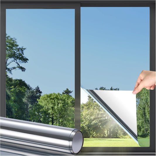 DOWELL Window Privacy Film, One Way Window Tint for Home, Static Cling Anti UV Sun Blocking Reflective Mirror Film, Heat Control See Out Not in Glass Tinting, Silver, 35.4" x 157.5"