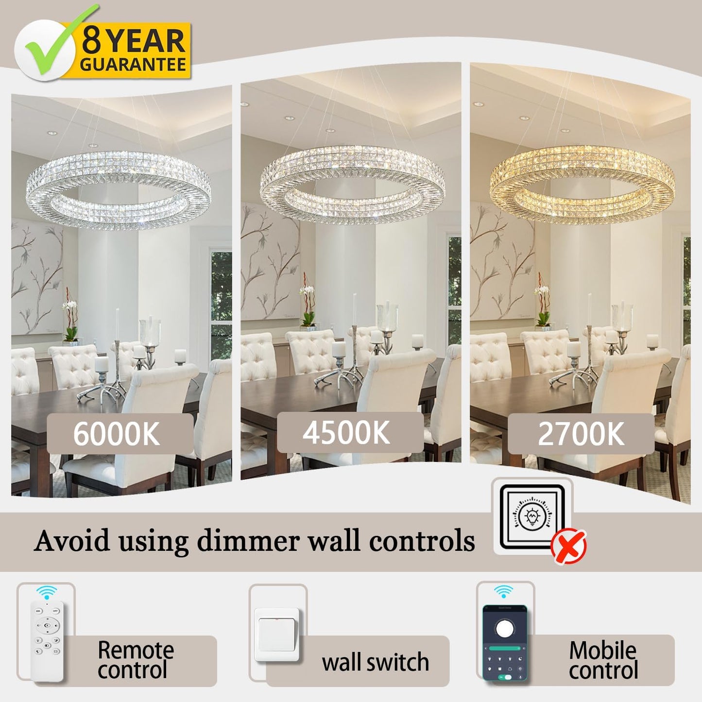Dia 24" Modern Crystal Chandelier Silver Ring Chandelier Adjustable Height Luxury Crystal Pendant Ceiling Light Fixture for Dining Living Room Bedroom