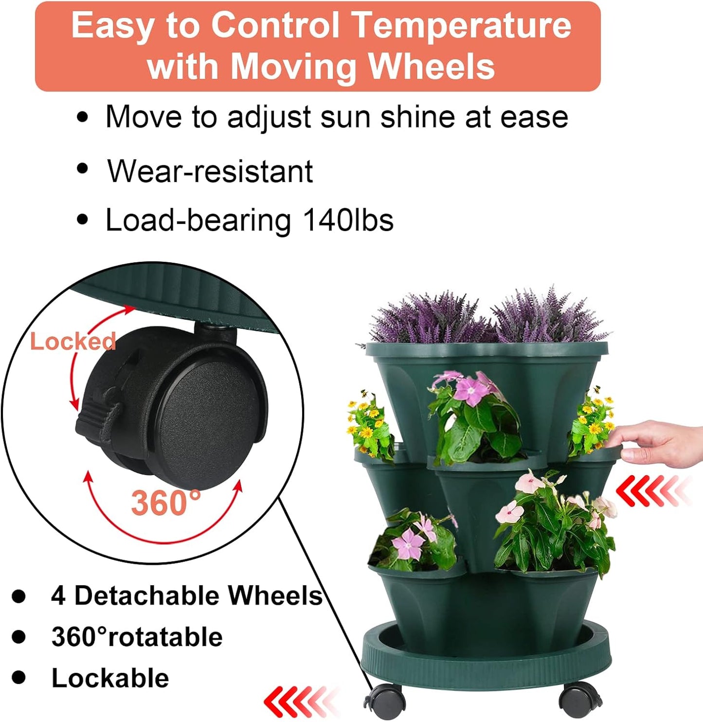 DUNCHATY Stackable Planter, Vertical Garden Planter with Wheels and Tools, Self Watering Strawberry Planter Indoor/Outdoor 3 Tier Herb Planter Pots for Growing Vegetables and Succulents,Pine Green