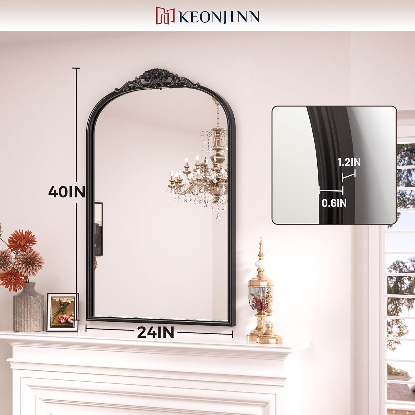 Keonjinn Vinatge Mirror 24" x 36", Black Wall Mirror Decorative, Antique Decor with Metal Frame, Baroque Arched Mirror for Mantle, Bathroom, Living Room, Hallway, Fireplace