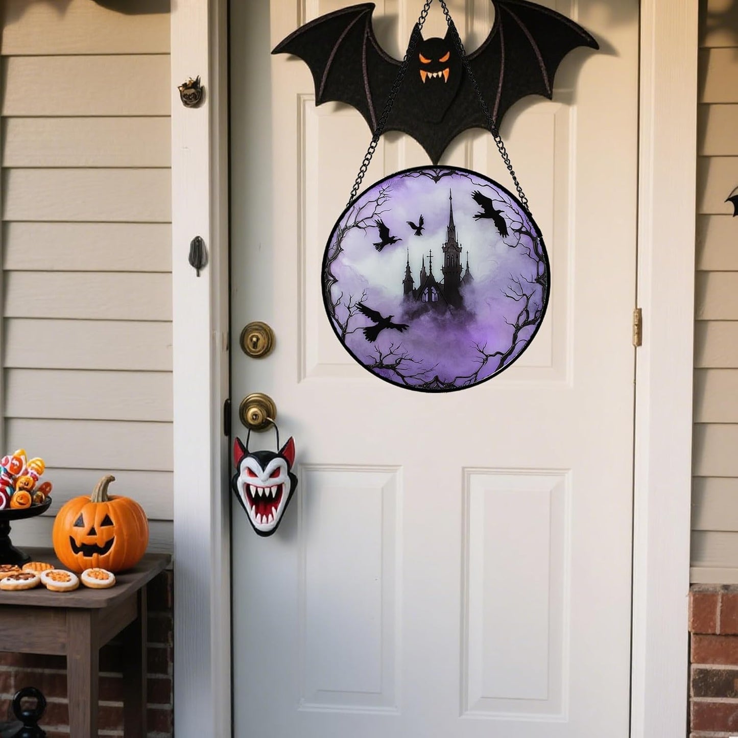 Stained Glass Window Hanging - Halloween Gothic Castle Purple Smoke Suncatcher for Doors Garden Home Spooky Crow Sun Catchers Gothic Decor Horror Gift for Women Men Friend Boy Girl 15 in