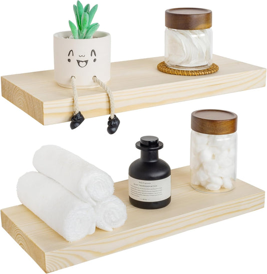 BGMG Wood Floating Shelves for Wall 18 inch, Rustic Wooden Wall Mount Shelves for Bathroom Living Room Bedroom Kitchen Farmhouse Set of 2-18x 6.7 x1.25 inch- DIY-Unfinished