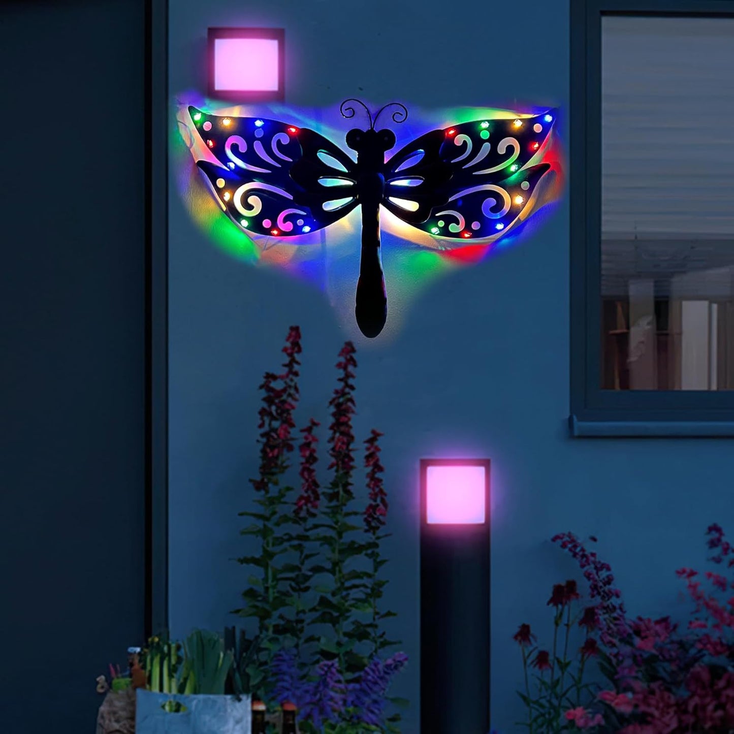 Solar Dragonfly Wall Art, 12-Inch Metal Garden Decor, Color Changing LED Lights, Multicolor