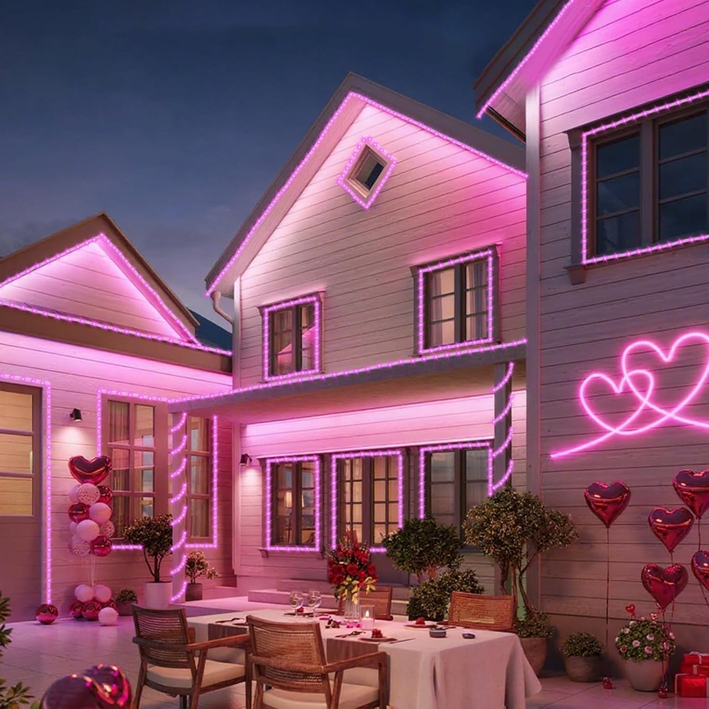 YEGUO Pink Solar Rope Lights Outdoor Waterproof, 2 Packs Each 33ft 100 LED String Lights for Outside, 8 Modes Fairy Lights in Clear Thin Tube for Valentine Party Garden Tree