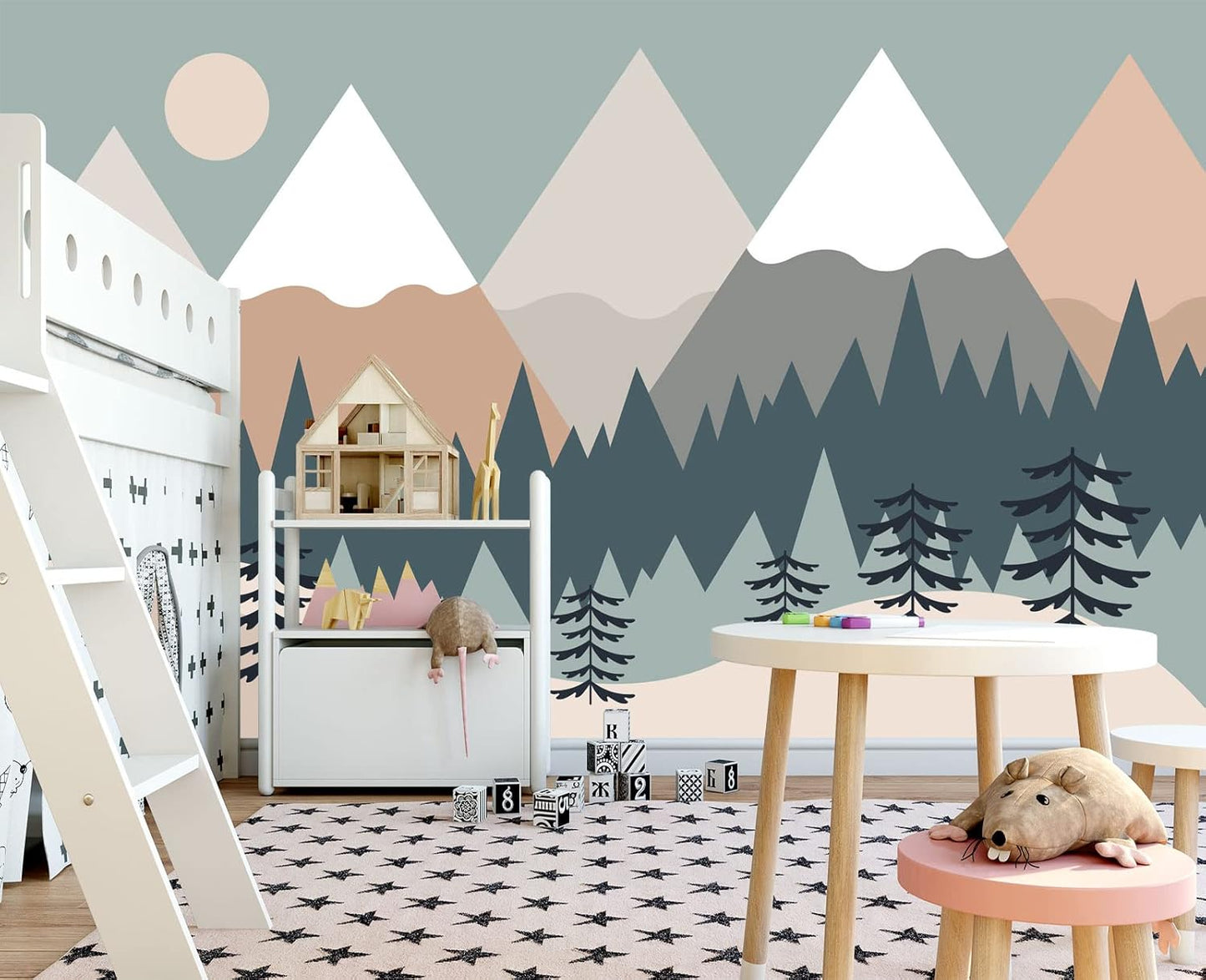 Children's Cartoon Mountain Peak Forest Sun Nursery Wall Mural Wallpaper 178" x 117"