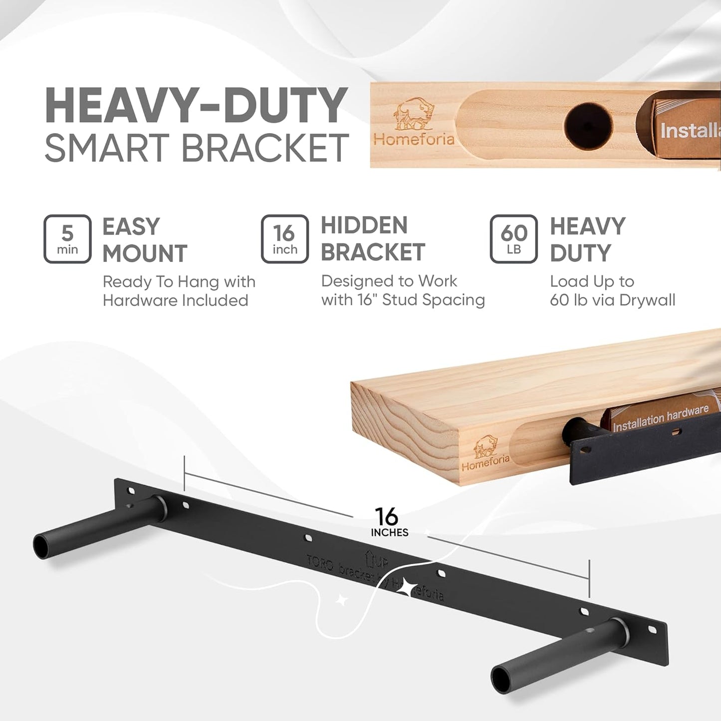 Homeforia White Floating Shelves 36 inch, High End Solid Real Wood 36inch Floating Shelf for Wall Mounted, White Wooden 36in Long Floating Shelves, Heavy Duty Bracket, 36 X 6.5 X 1.75 inches, Set of 2