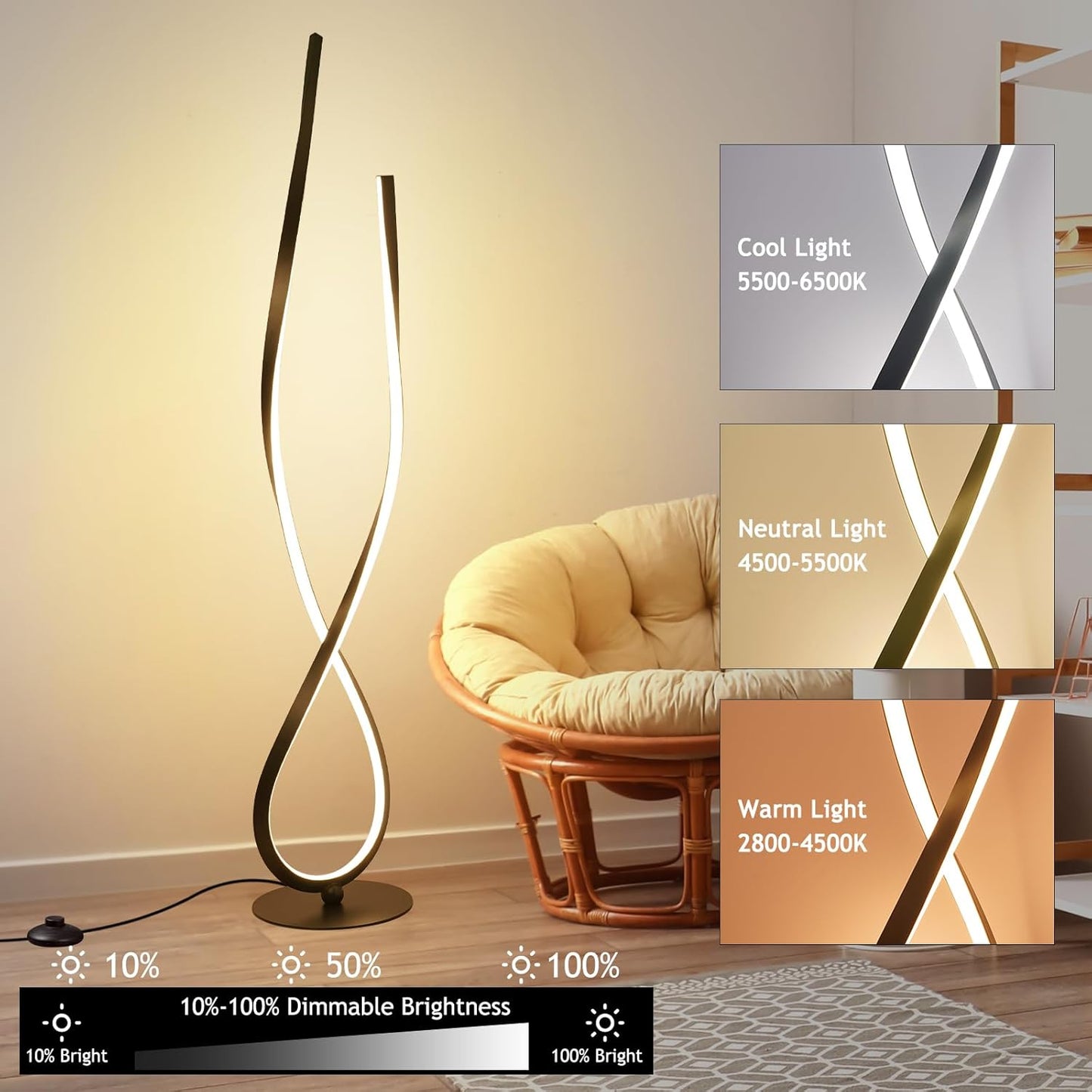 NUÜR Spiral Floor Lamp, 59" Tall Black LED Modern Standing Floor Lamp with Remote Control, Arched Bright Floor Lamps for Living Room Bedroom Office Home (Spiral Floor Lamp)