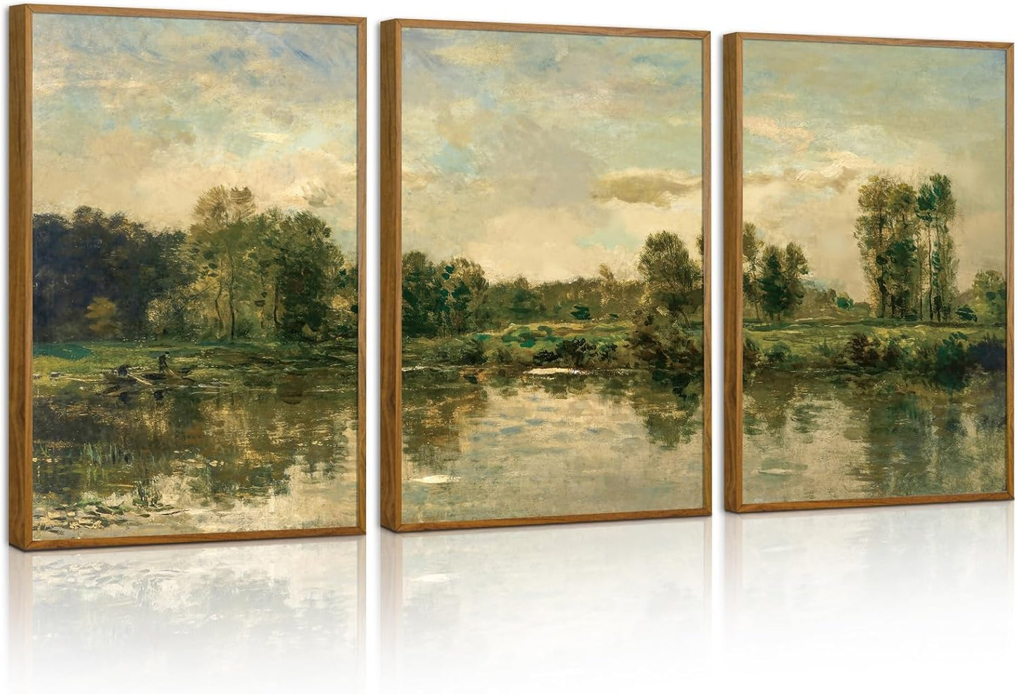 Tinonedraw Vintage Landscape Framed Canvas Wall Art Set of 3, French Country Art Prints, Nature Green Trees and Lake Art Paintings, Rustic Aesthetic Wall Decor for Living Room Bedroom Office 16"x24"x3