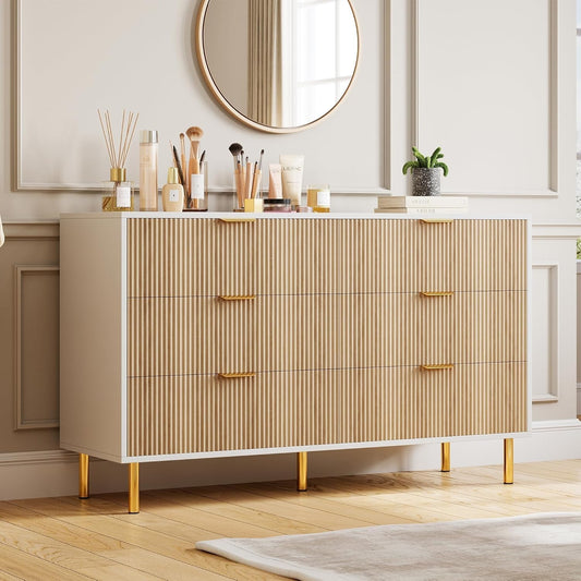 GAOMON 6 Drawer Dresser, Wood Chest of Drawers Organizer Storage with Gold Handle, Large Storage Cabinet, Modern Design Dresser for Bedroom, Living Room, Closet, Hallway, Entryway, Natural